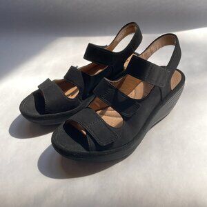 Clarks Reedly Juno Wedge Heel Sandals with Straps Comfort Shoes | Black | Size 6